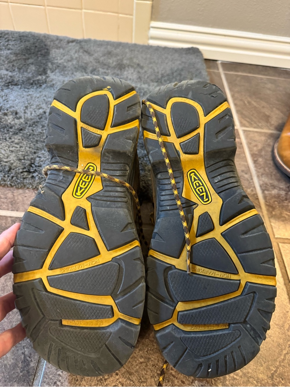 Keen Brown and Black Men's Work Boots with Yellow Accents - Picture 2 of 4